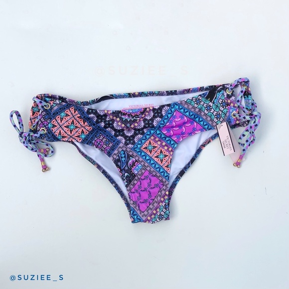 Victoria’s Secret Blue Patchwork Mosaic Print Lace up Bikini Set 34C/S NWT - Picture 5 of 14